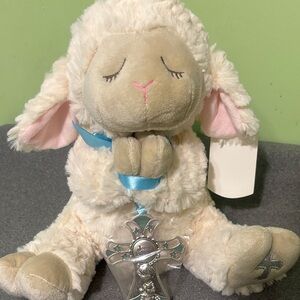 Serenity Plush Lamb with Blue Ribbon and Silver Cross
